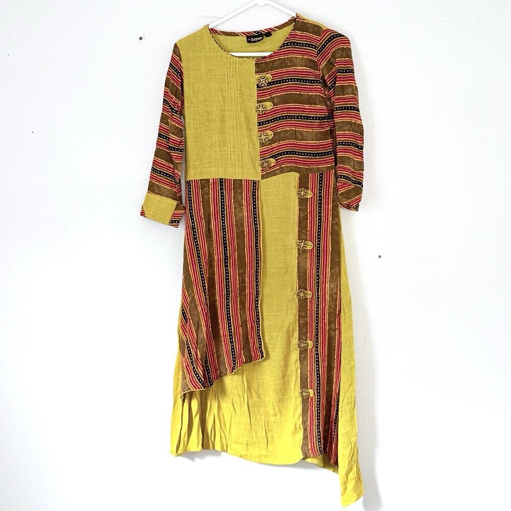 Seyon Indian Kurti Kurta Tunic Top Small Yellow Red Long Asymmetrical Colorful